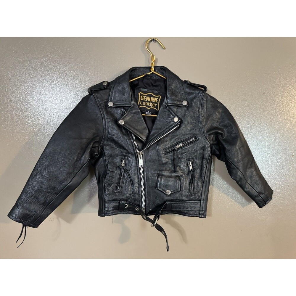 Vintage Boy's Genuine Leather Biker Motorcycle Jacket Black Size Small Zipper